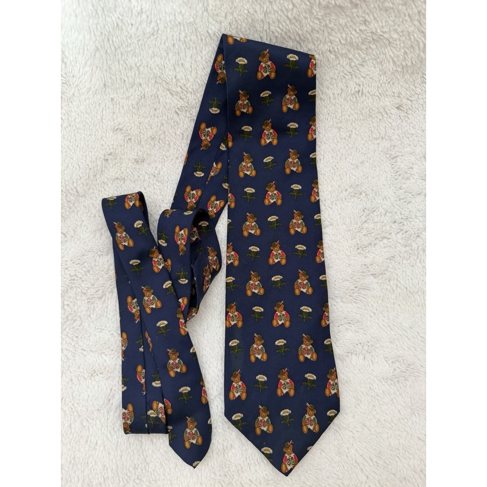 Gino‎ Pompeii Teddy Bear Print Novelty Tie Men's Necktie Navy Blue Vintage